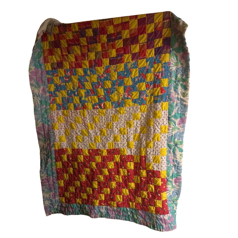 Vintage Handmade 80s 90s Patchwork Quilt Floral Geometric Print Multi Color